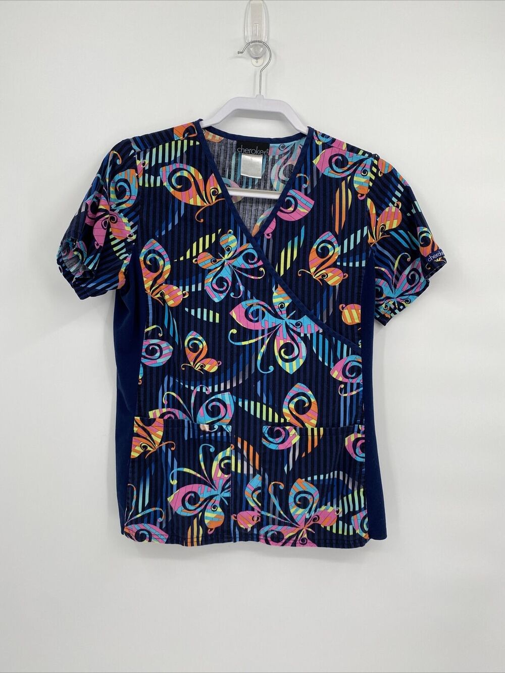 Cherokee Womens Printed Stretch Mock Wrap Knit Panel Scrub Top Navy Blue Size S